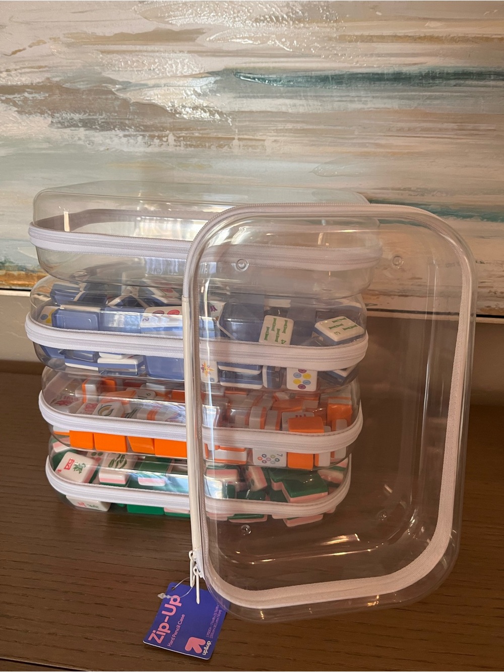 Mahjong Tile Case Clear Zip-Up Hard Sided Stackable Storage White Zipper